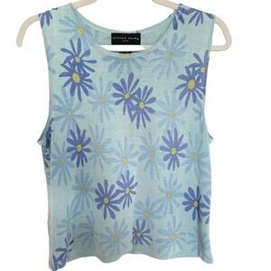 August Silk Blue Daisy 100% Silk Knit Retro Sleeveless Sweater Top X Large